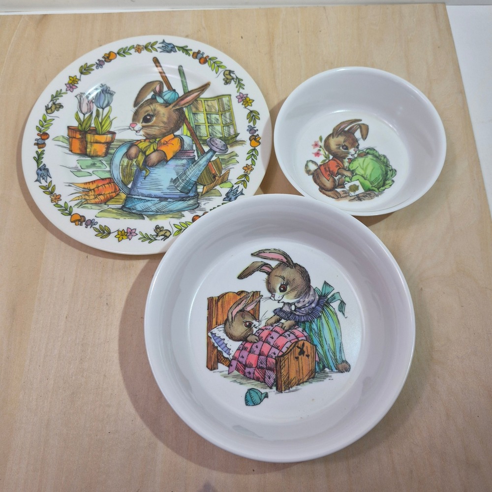Vintage‎ Oneida Deluxe Melamine Bunny Rabbit 3 Piece Kids Dish Set White 3243